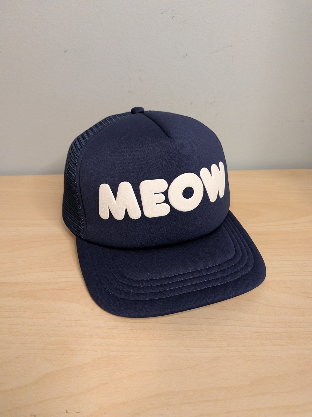 Meow Puffy Text Navy Trucker Hat Cat Kitty Funny Animal Lover Collector